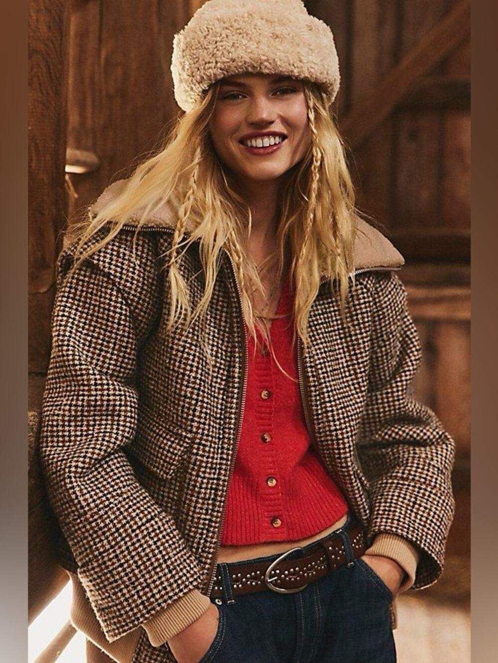 Free People Spearmint Cozy Houndstooth Jacket
